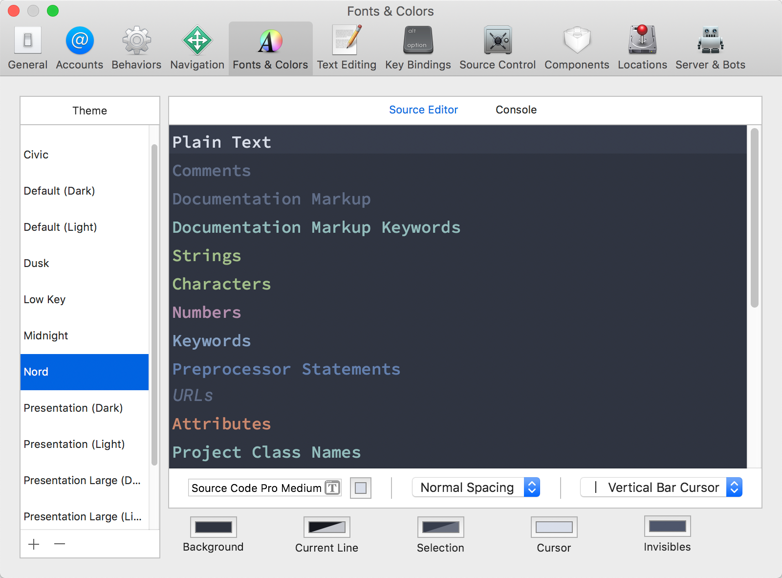 Screenshot showing the Xcode preference to activate the Nord color theme