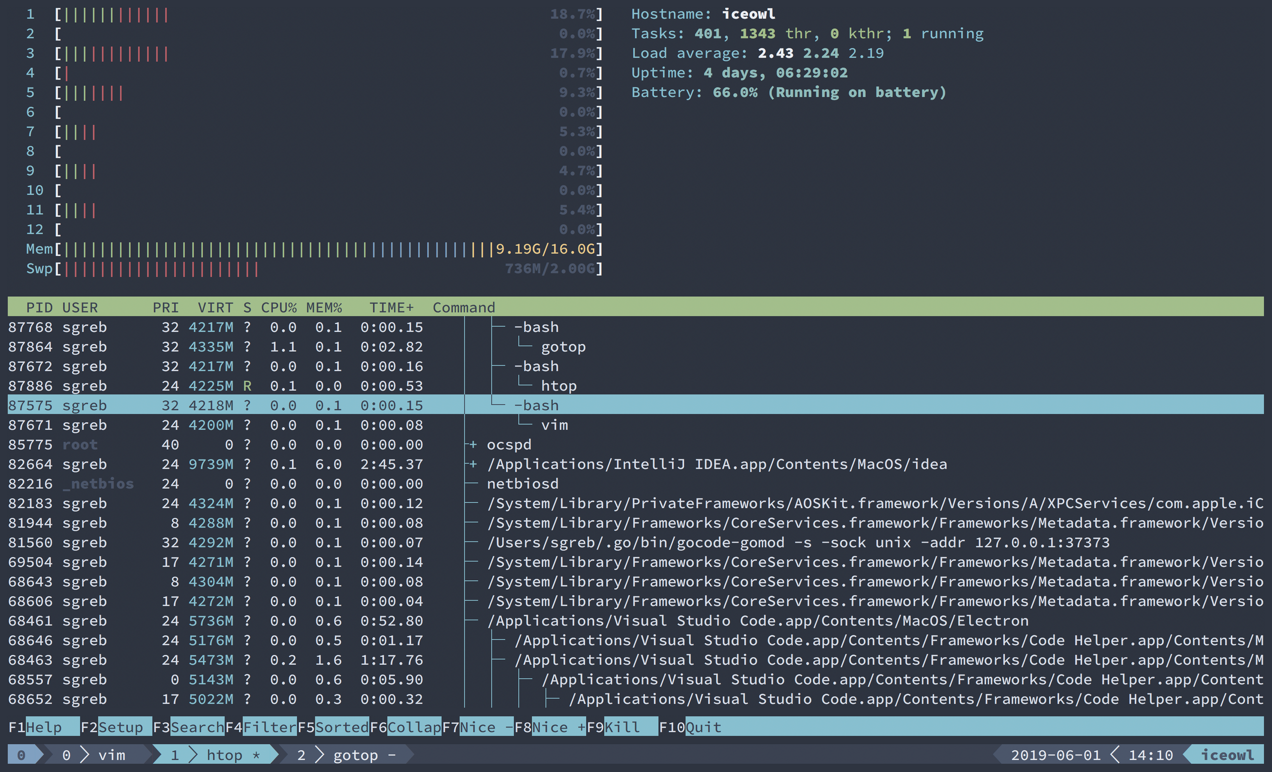 Screenshot showing a fluidly merged UI of tmux with htop.