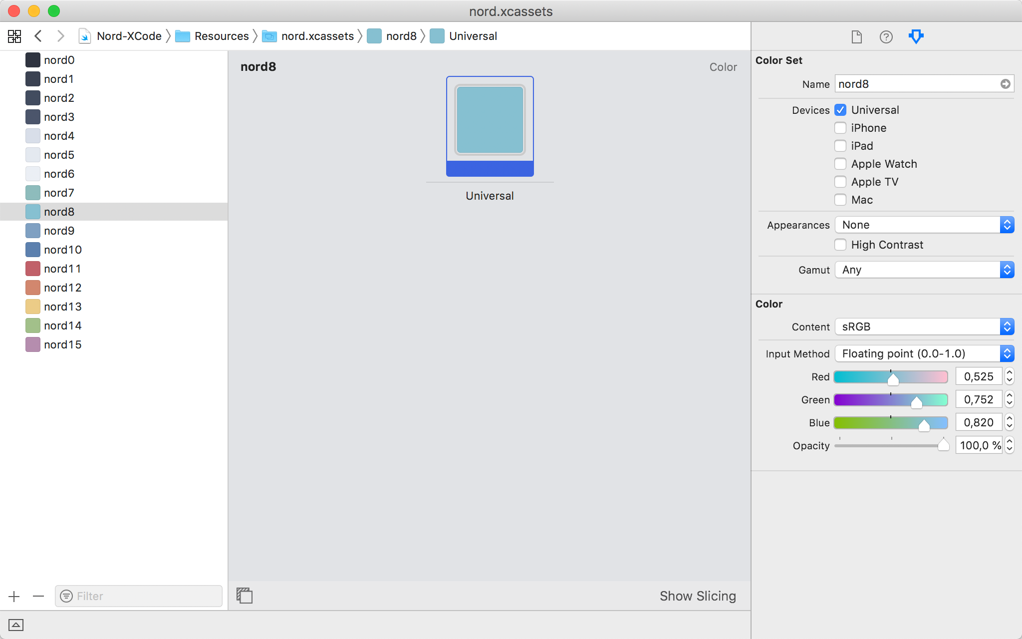 Screenshot showing the Nord color set in the Xcode asset catalog