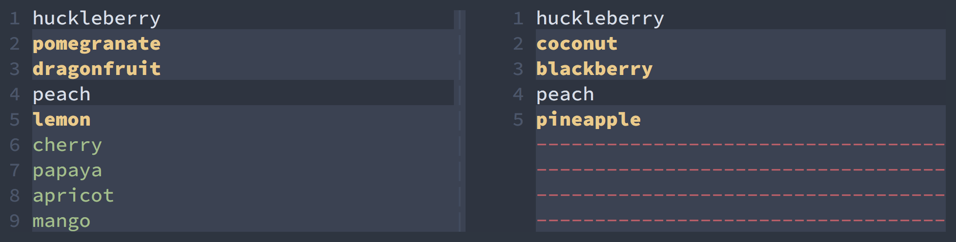 Screenshot showing Vim's side-by-side diff view with enabled uniform background highlighting