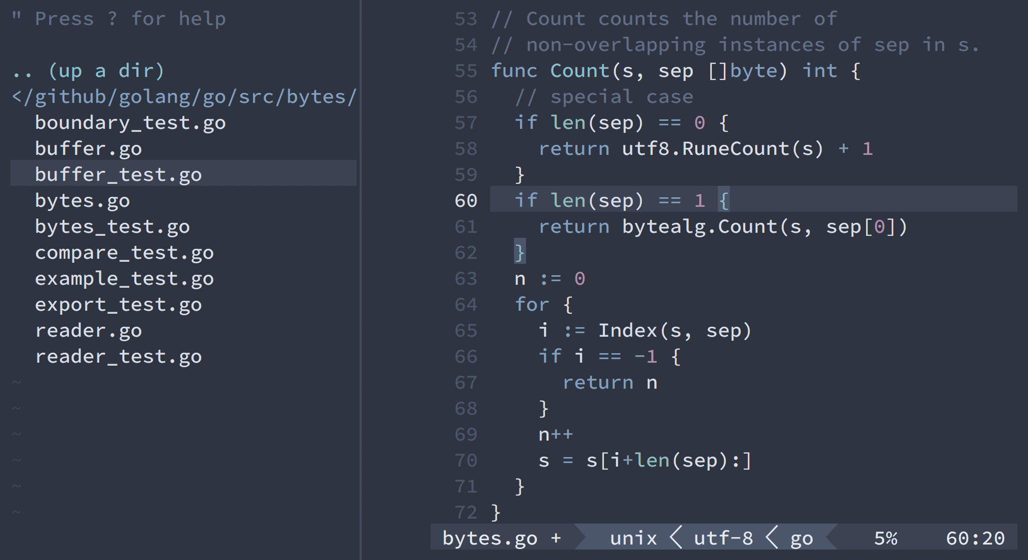 Screenshot showing the Go syntax highlighting and the opened emacs-neotree package.