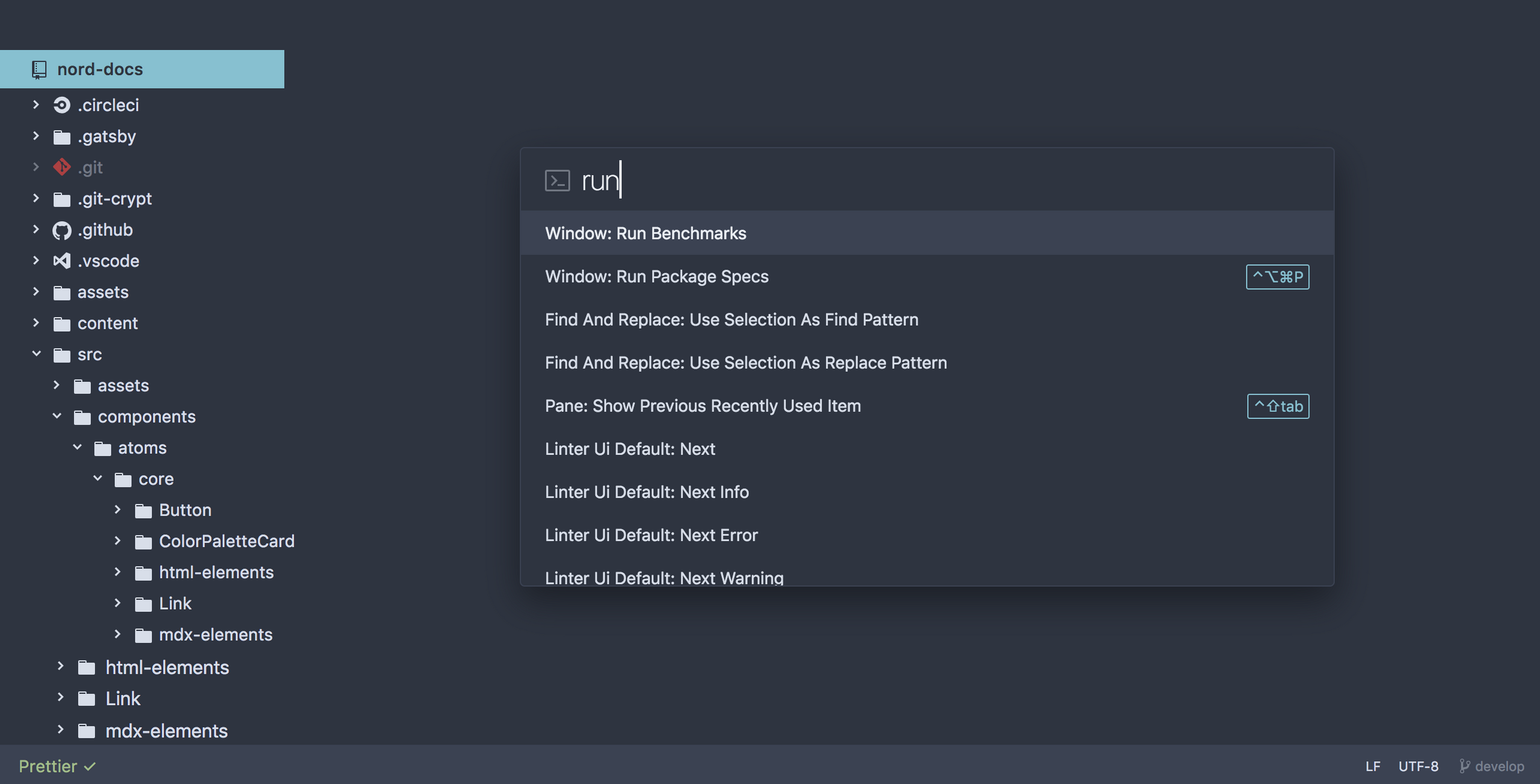 Screenshot showing Atom with the floating command palette modal overlay with a big font type.