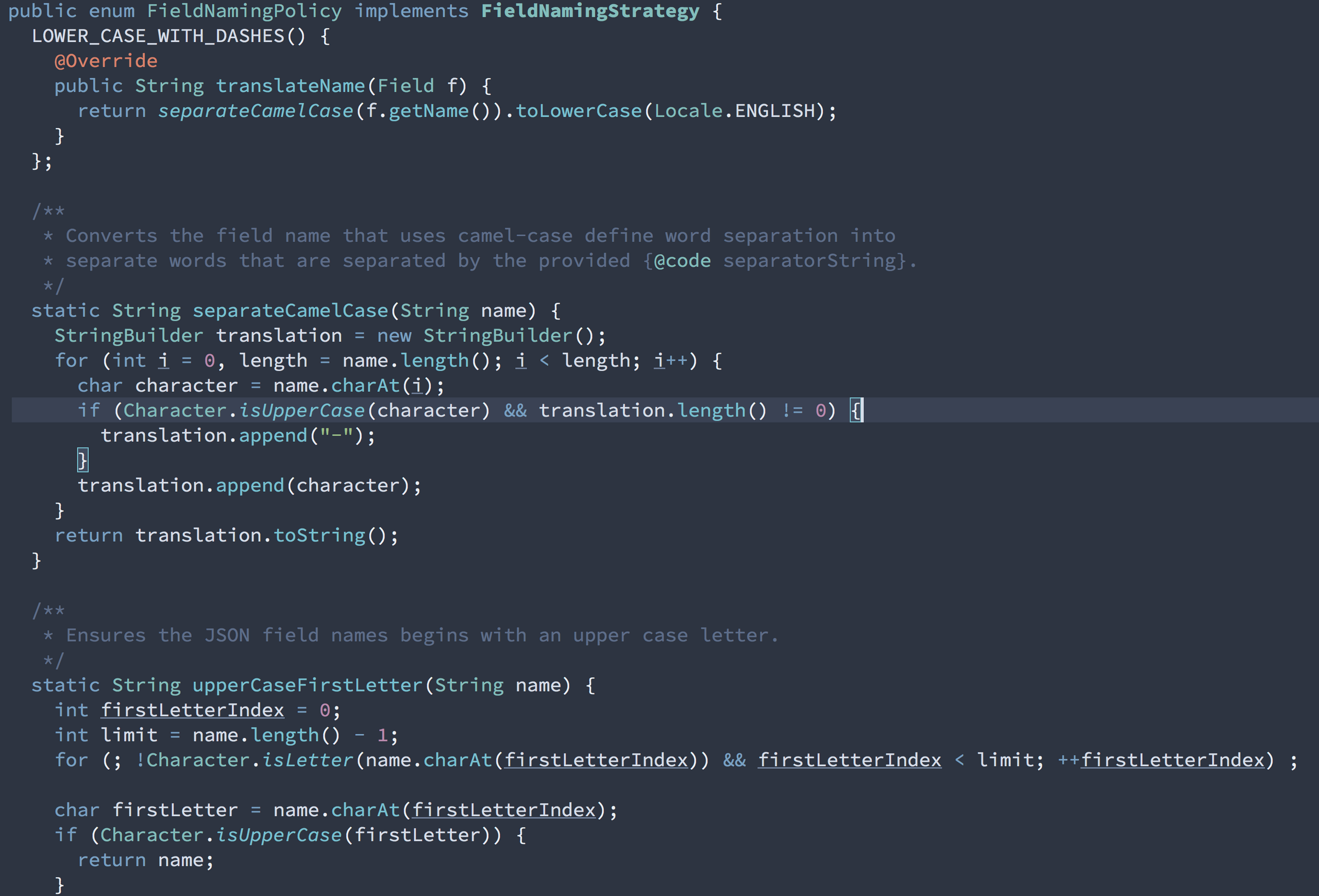 Screenshot showing the IDE code editor with a Java enumeration with implemented interface methods.