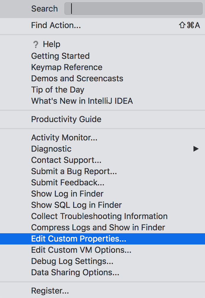 Screenshot showing the menu entry to edit the IDE properties