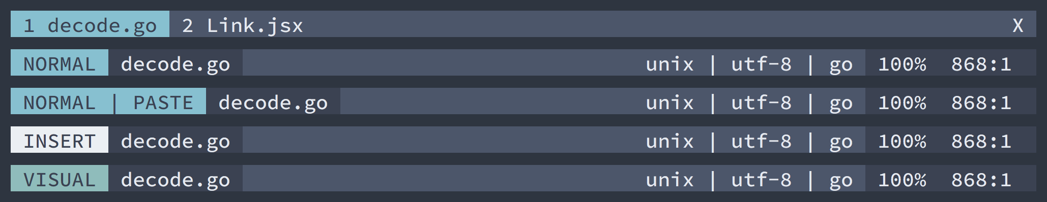 Screenshot showing the different states of the lightline.vim plugin with default styles