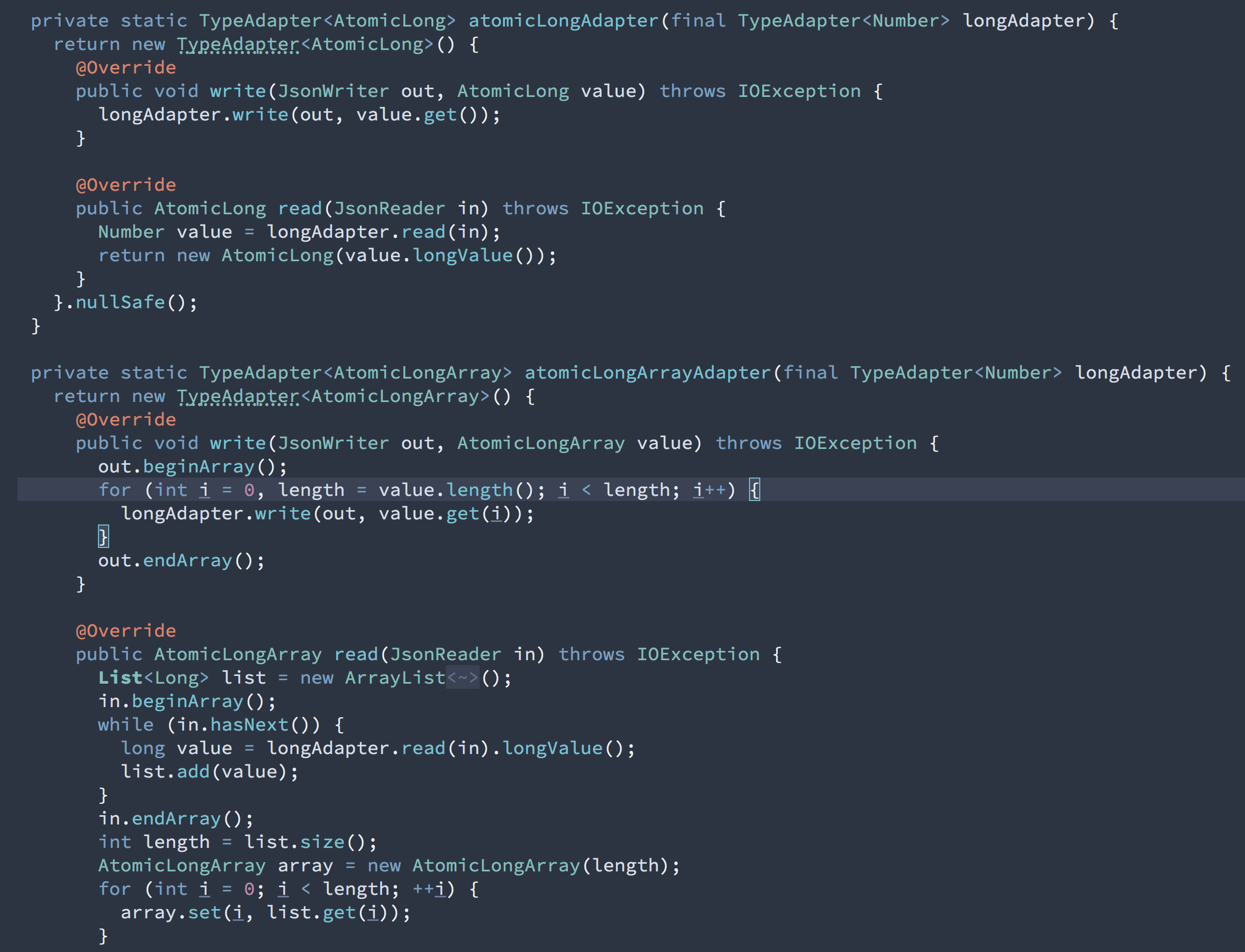 Screenshot showing the IDE code editor with Java methods to process JSON data