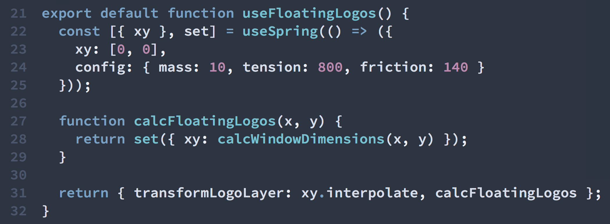 Screenshot showing a JavaScript React Hook function