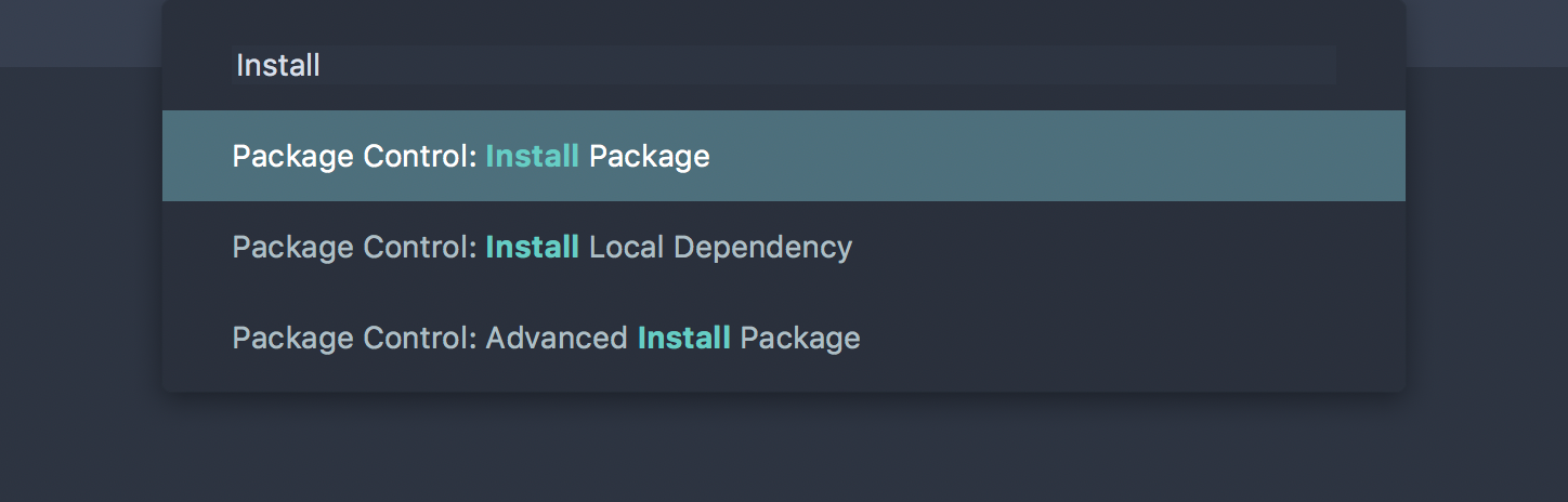 Screenshot showing the command palette searching for the package installation command