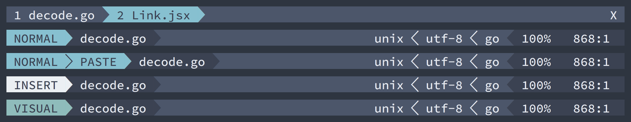 Screenshot showing the different states of the lightline.vim plugin with custom elements and separators