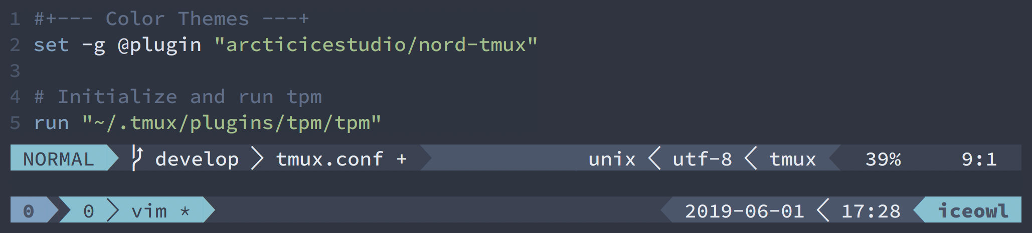 Screenshot showing a minimal tmux.conf with installed Nord color scheme
