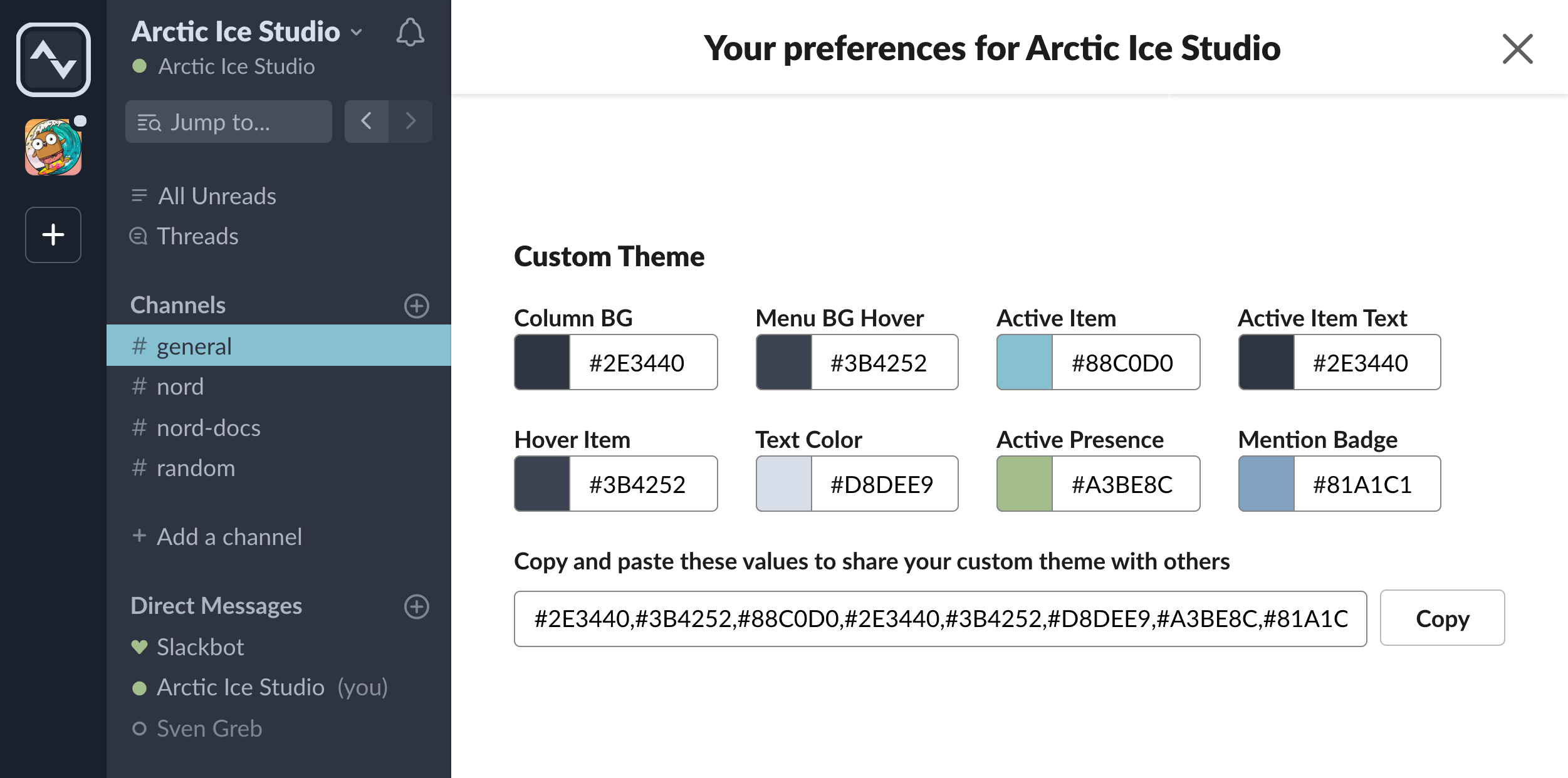 Screenshot showing the workspace preferences UI to install and activate custom themes