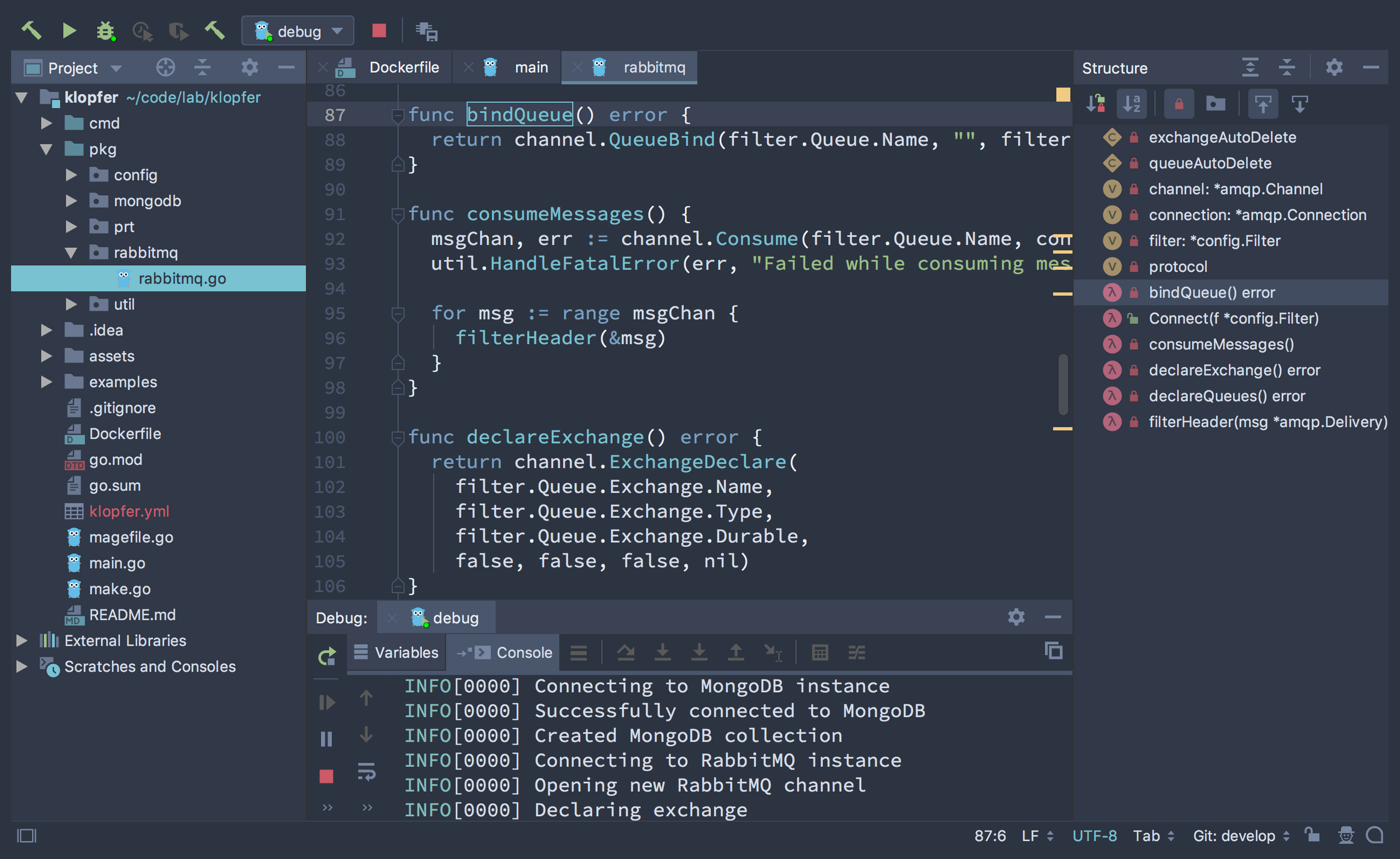 Screenshot showing the IDE UI and code editor elements with Go functions for a RabbitMQ AMQP client