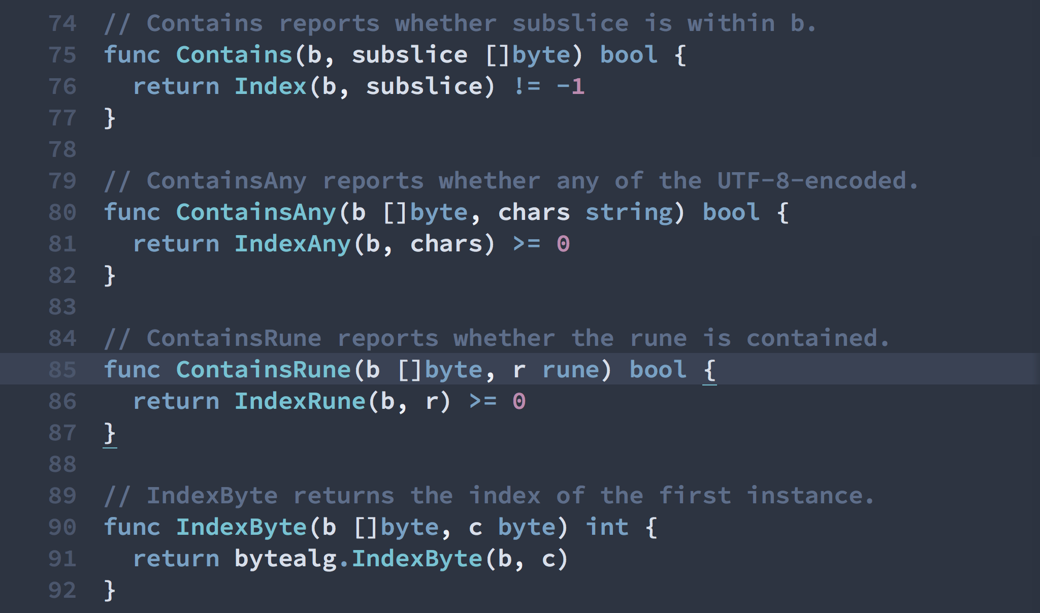 Screenshot showing multiple Go functions with corresponding documentation comments