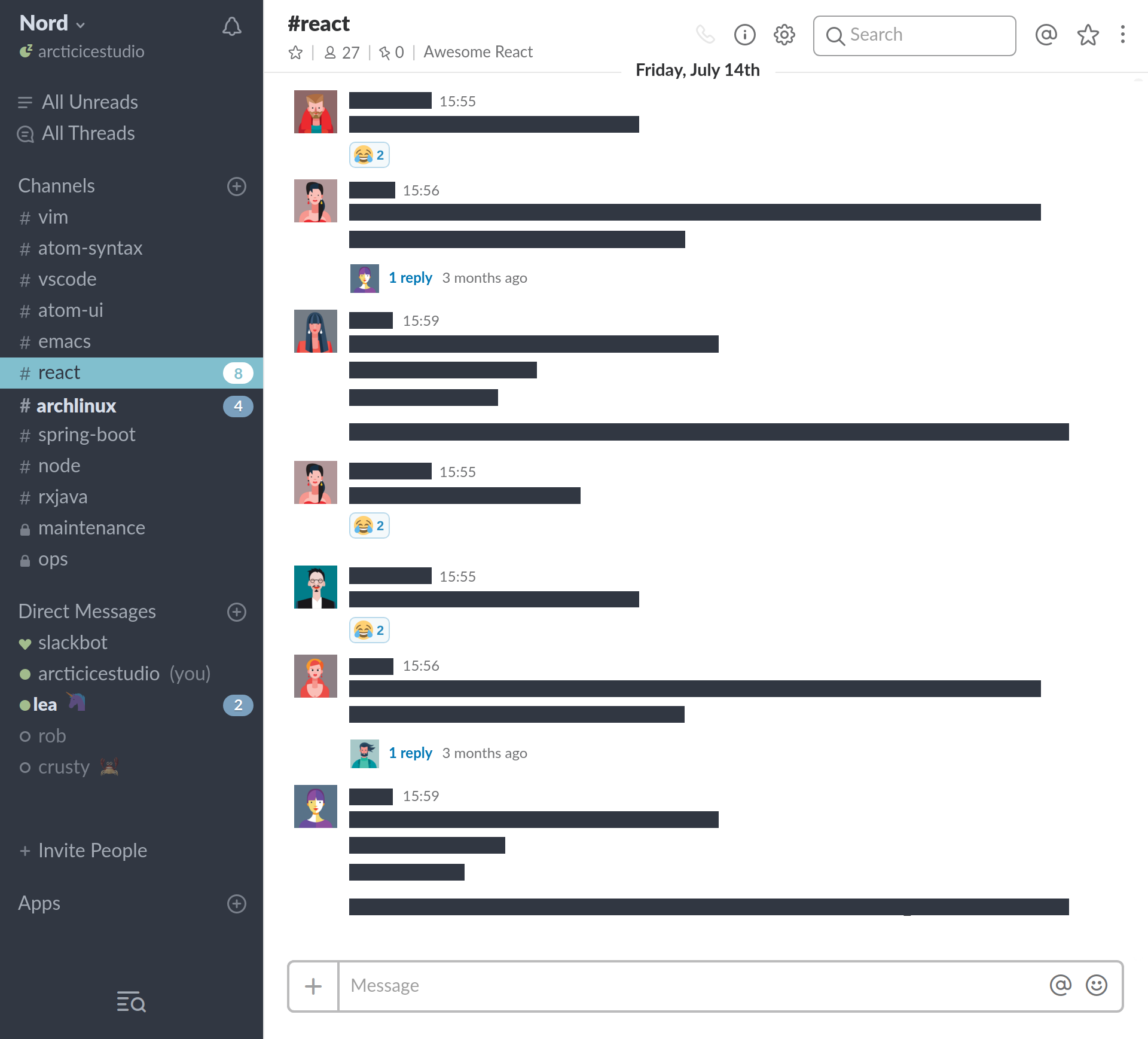 Screenshot showing an overview of the Slack desktop app with the Nord theme applied to the sidebar.