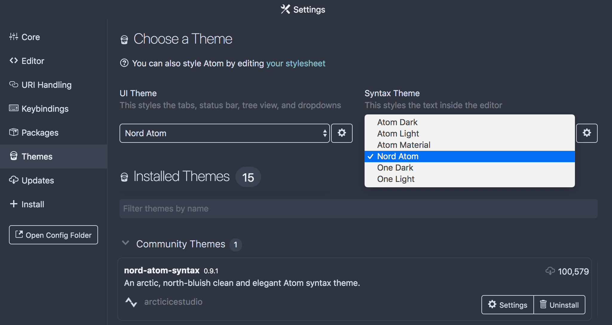 Screenshot showing the theme pane of the setting view with active drop-down menu component to select the active syntax theme