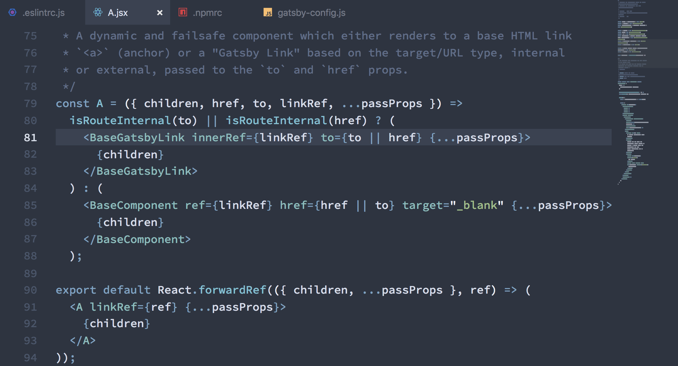 Screenshot showing a React JSX component with the minimap package to keep an overall overview of the whole file