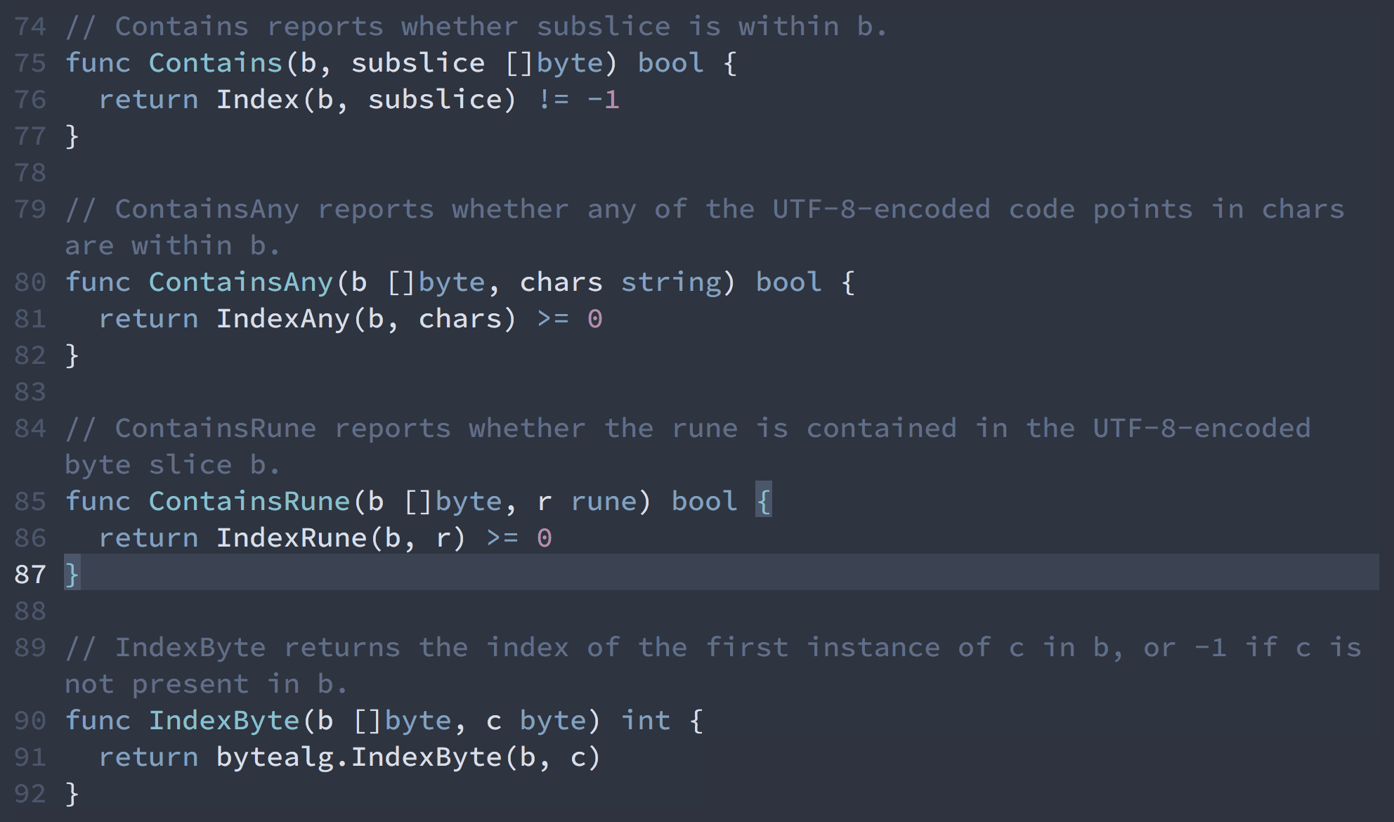 Screenshot showing multiple Go functions with corresponding documentation comments