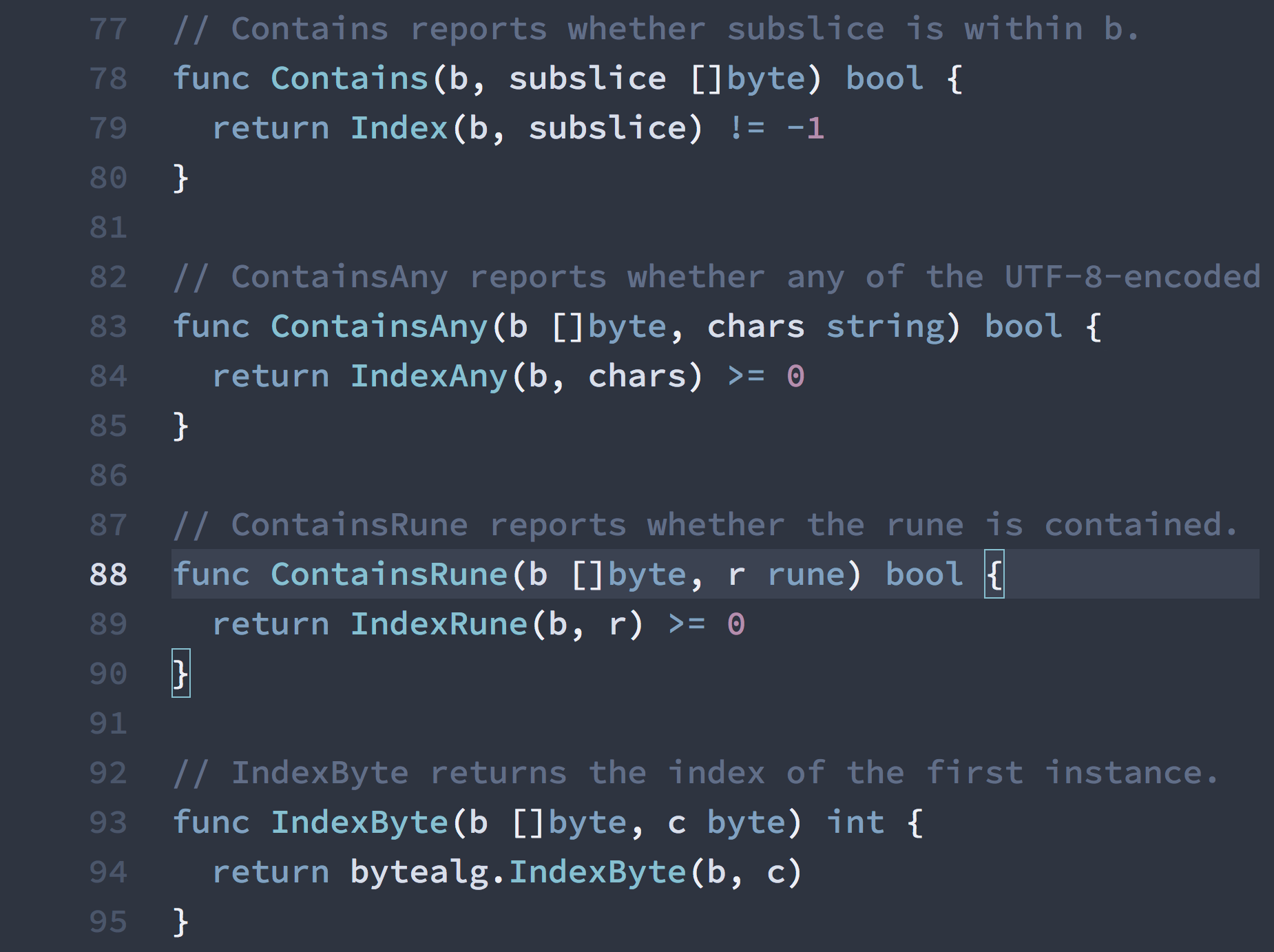 Screenshot showing multiple Go functions with corresponding documentation comments