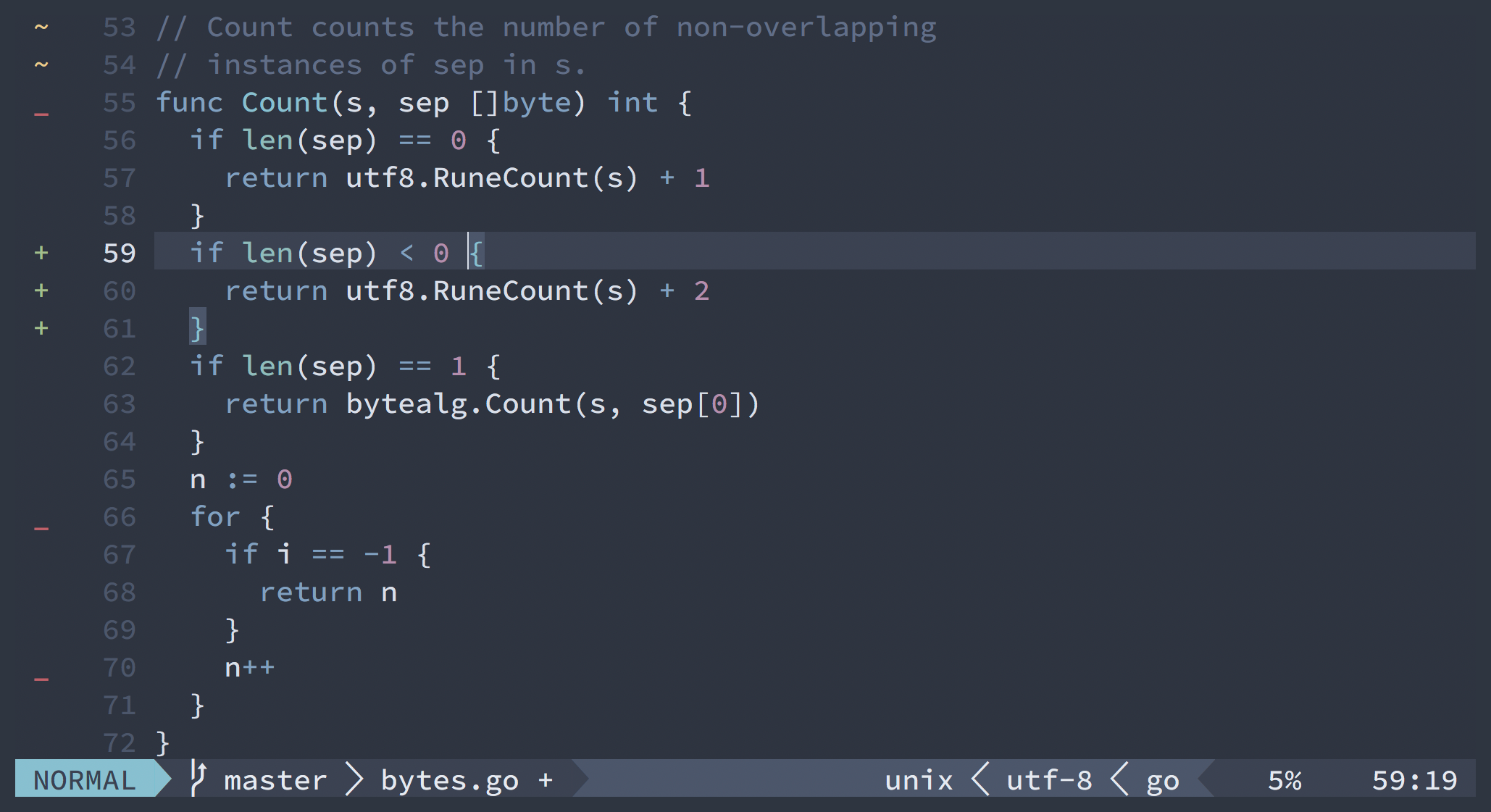 Screenshot showing a Go function with the sign column of the vim-gitgutter plugin