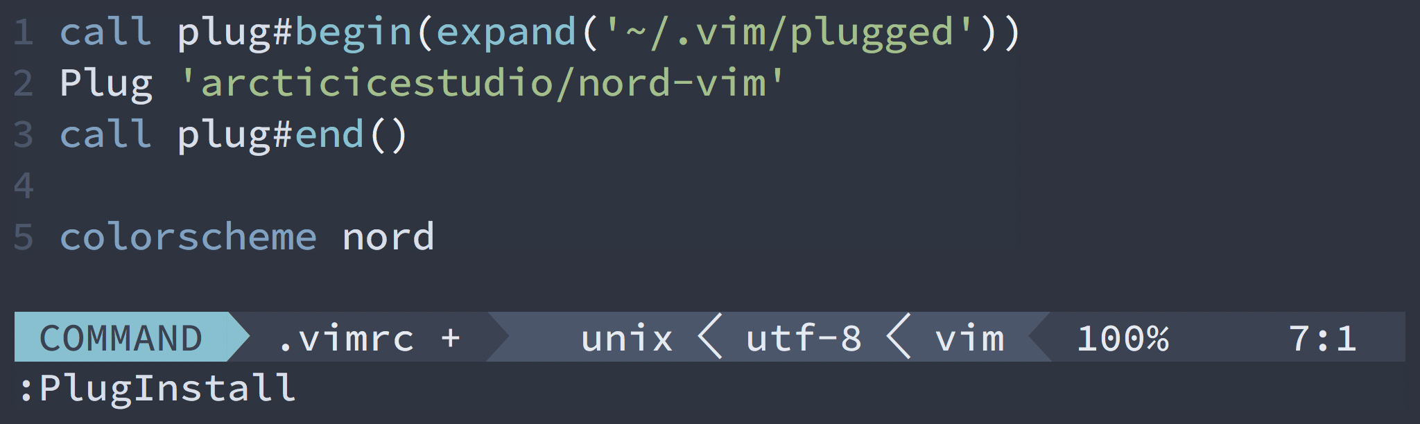 Screenshot showing an example of a Vim configuration to setup Nord through the vim-plug plugin manager
