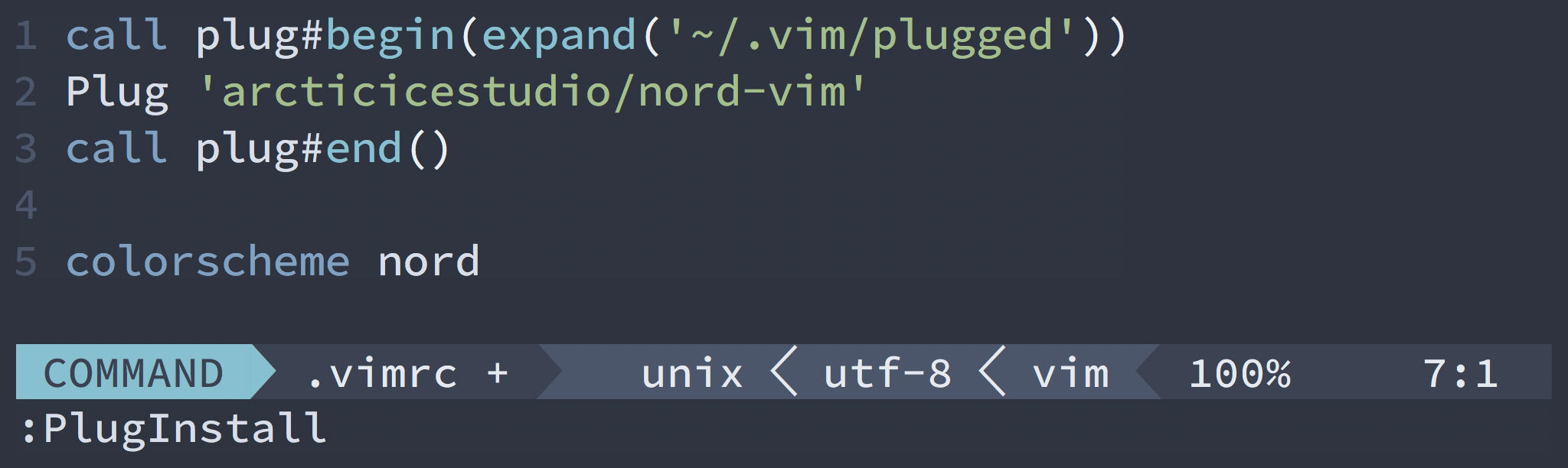 Screenshot showing a minimal vimrc with installed and activated Nord color scheme
