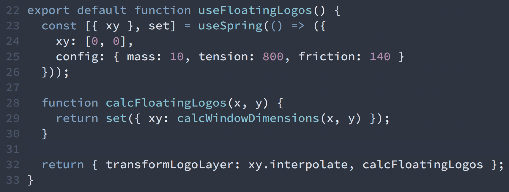 Screenshot showing a JavaScript React Hooks function.