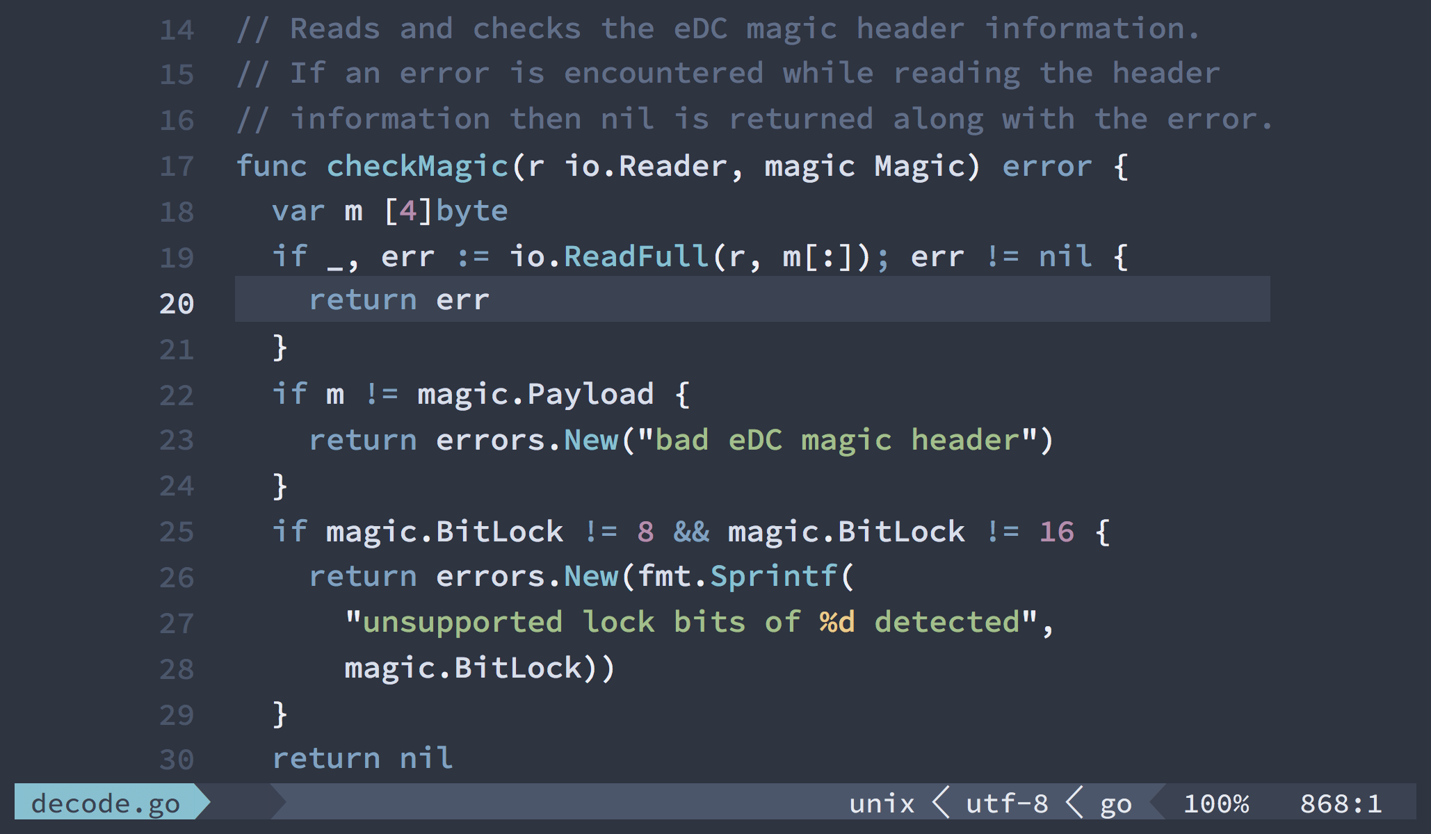 Screenshot showing Emacs in terminal mode with a Go function to check for magic file header information