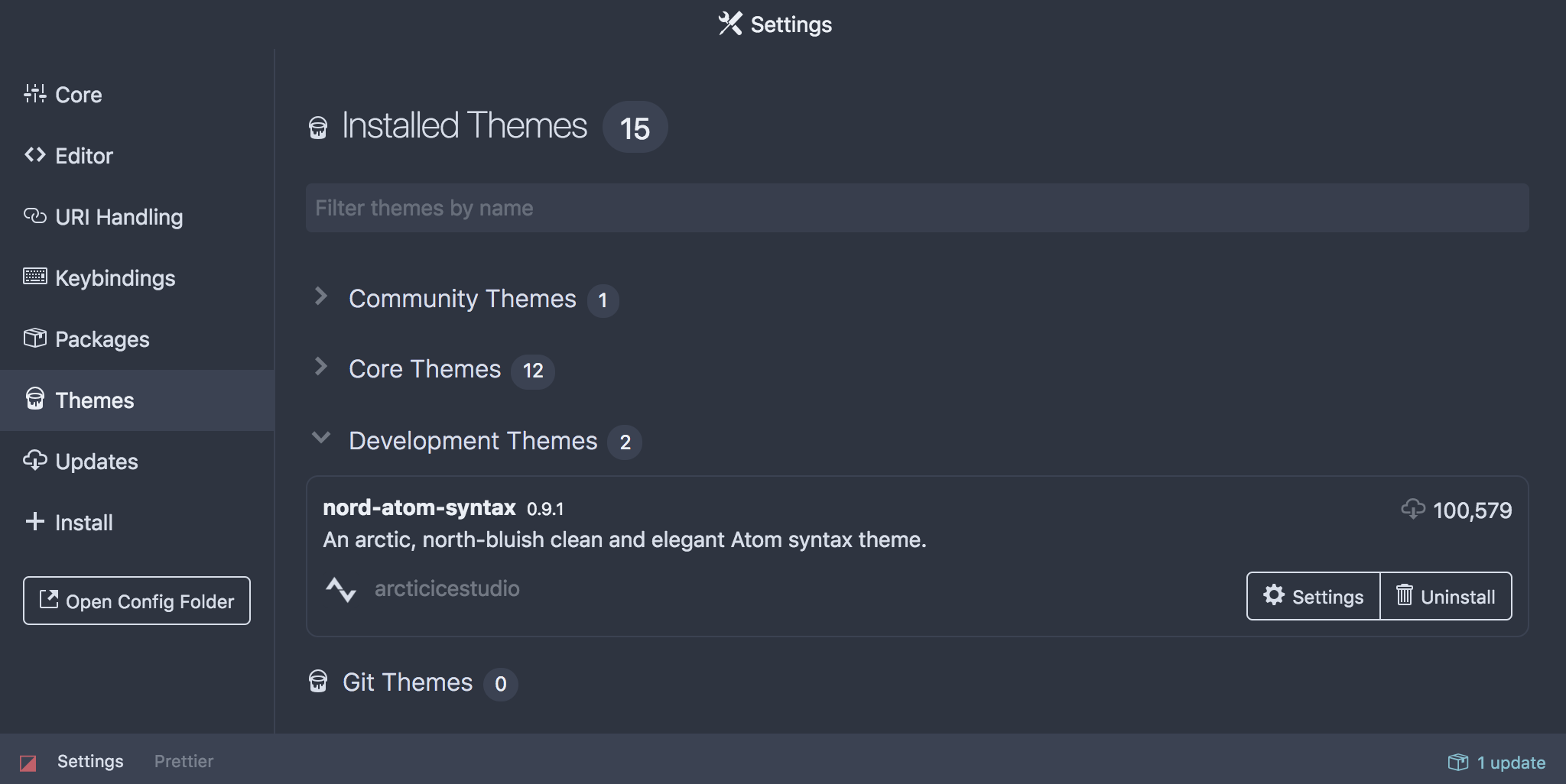 Screenshot showing the settings view with successfully registered Nord Atom Syntax development theme package