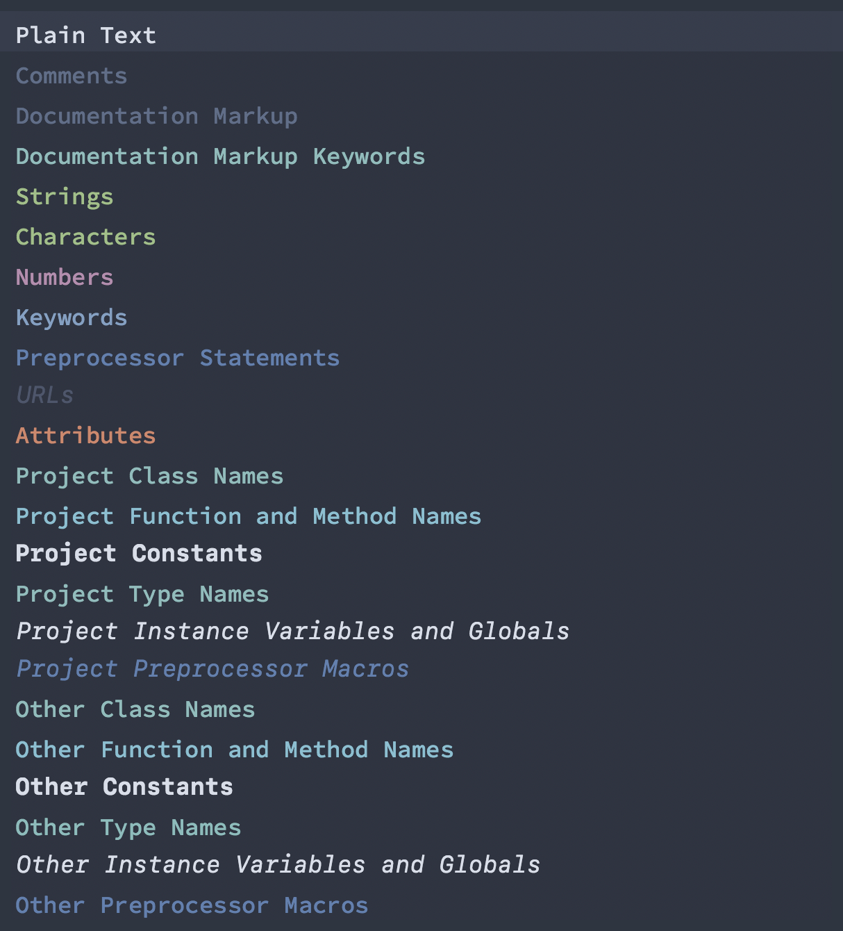 Screenshot showing highlighting for different syntax types supported by Xcode