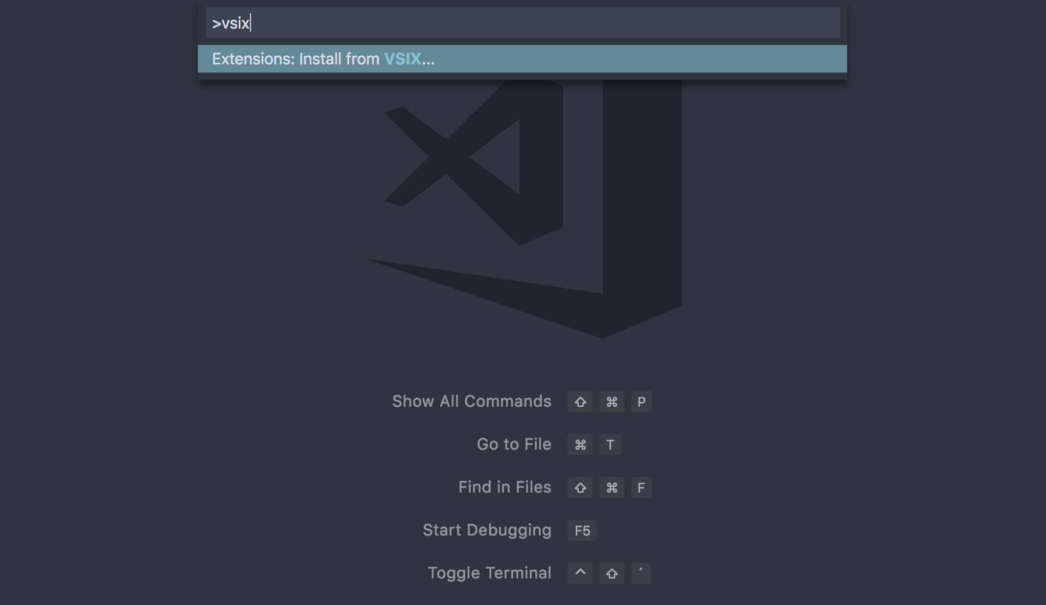 Screenshot showing the command palette to install VSIX extensions locally