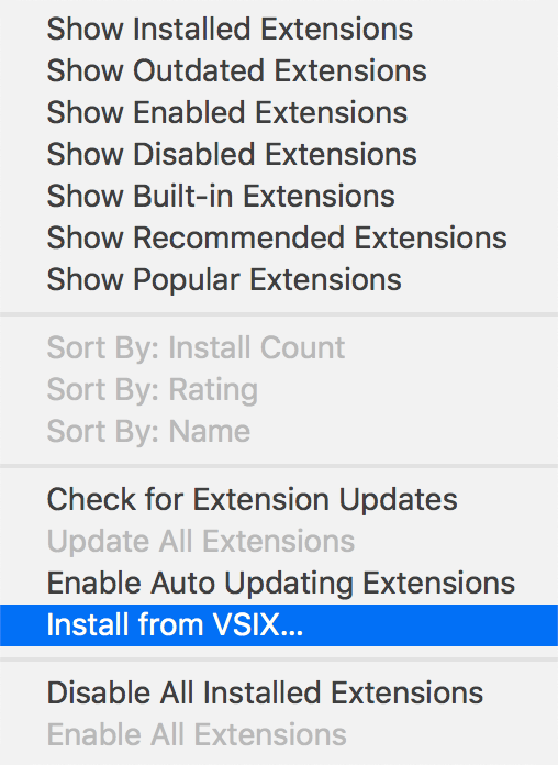 Screenshot showing the menu to install VSIX extensions locally
