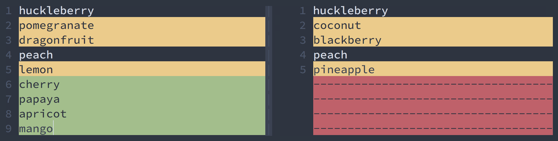 Screenshot showing Vim's side-by-side diff view with default highlighting styles